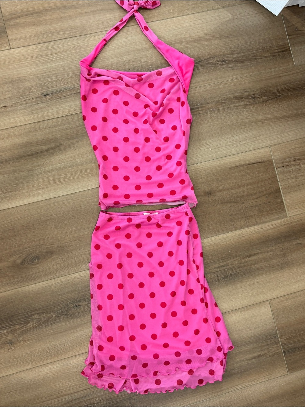 Pink Polka Dot Halter Top & Midi Skirt Set XS
